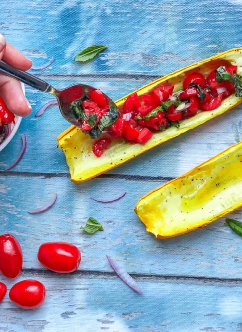 Yellow Squash Boats Stuffed With Tomato Bruschetta (Vegan, GF/DF)