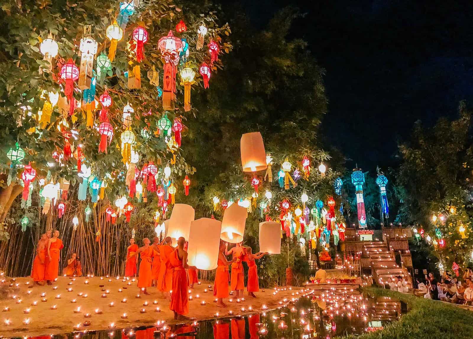 Ceremony at a temple of monks releasing lanterns to the sky for Loy Krathong Yi Peng festival in Chiang Mai