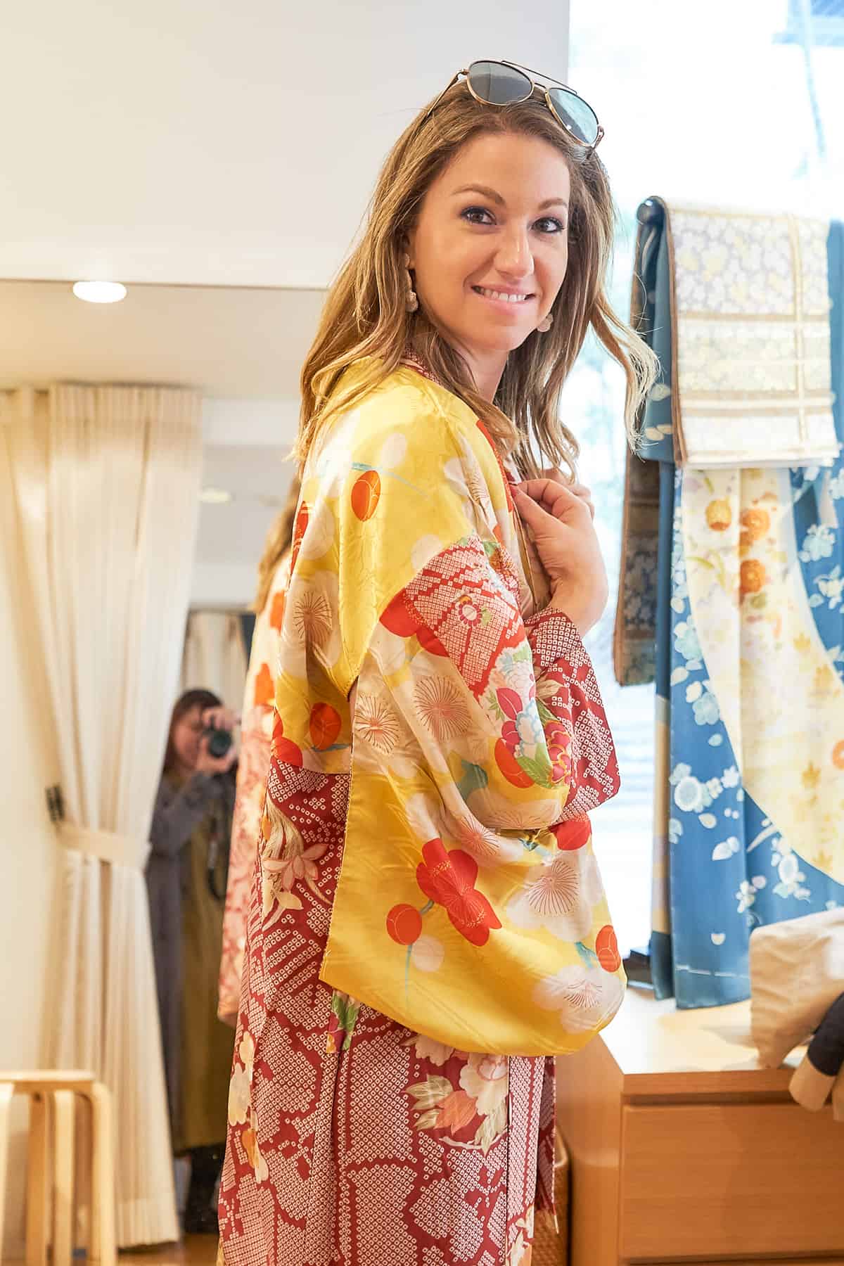 Trying on Kimonos at a store in Omotesando district of Tokyo