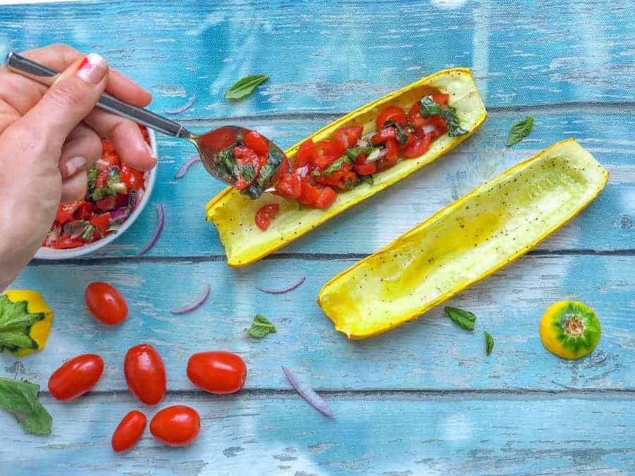 Tomato bruschetta boats in summer squash