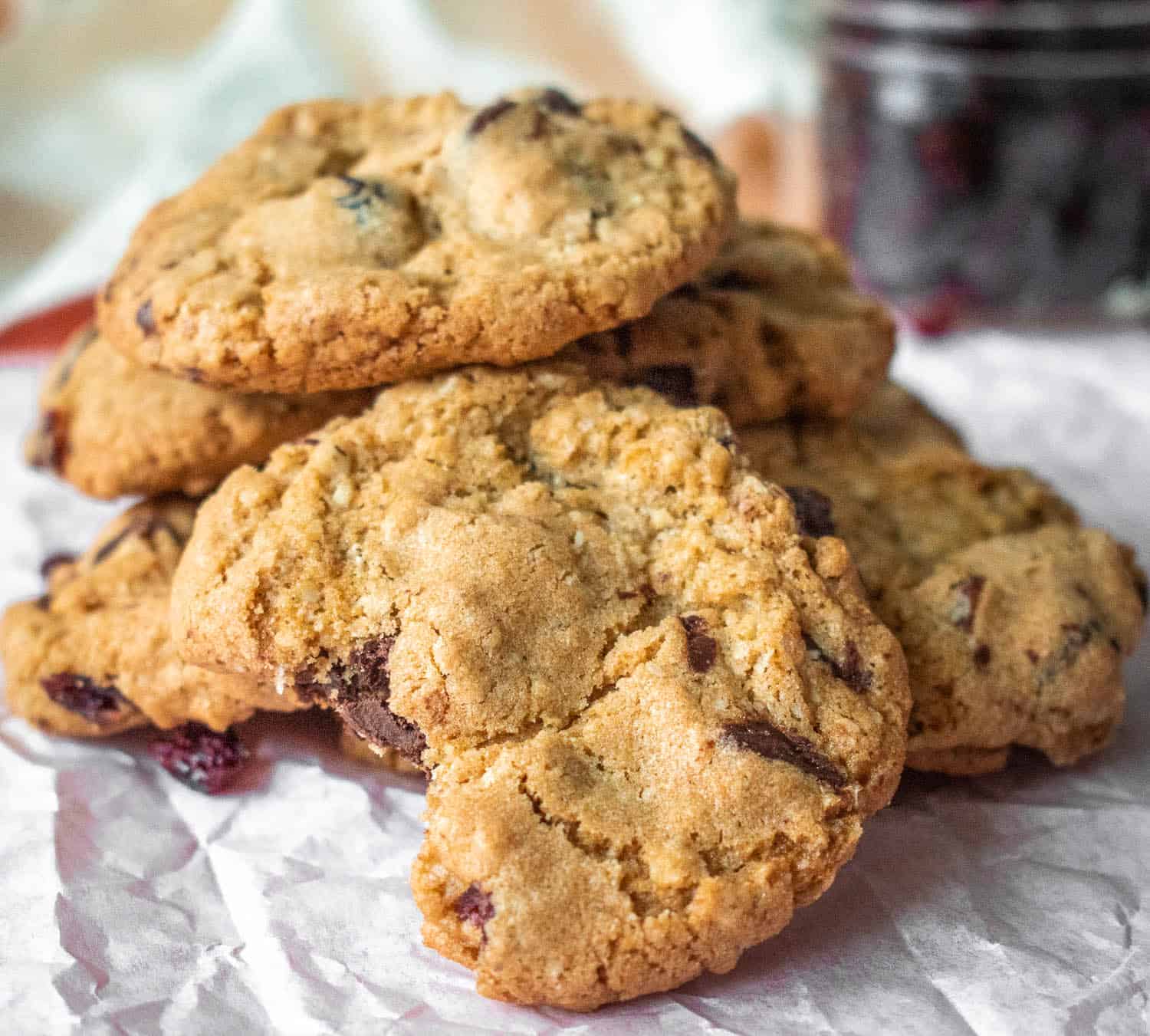 Pile of gluten-free dark chocolate cranberry oatmeal cookies