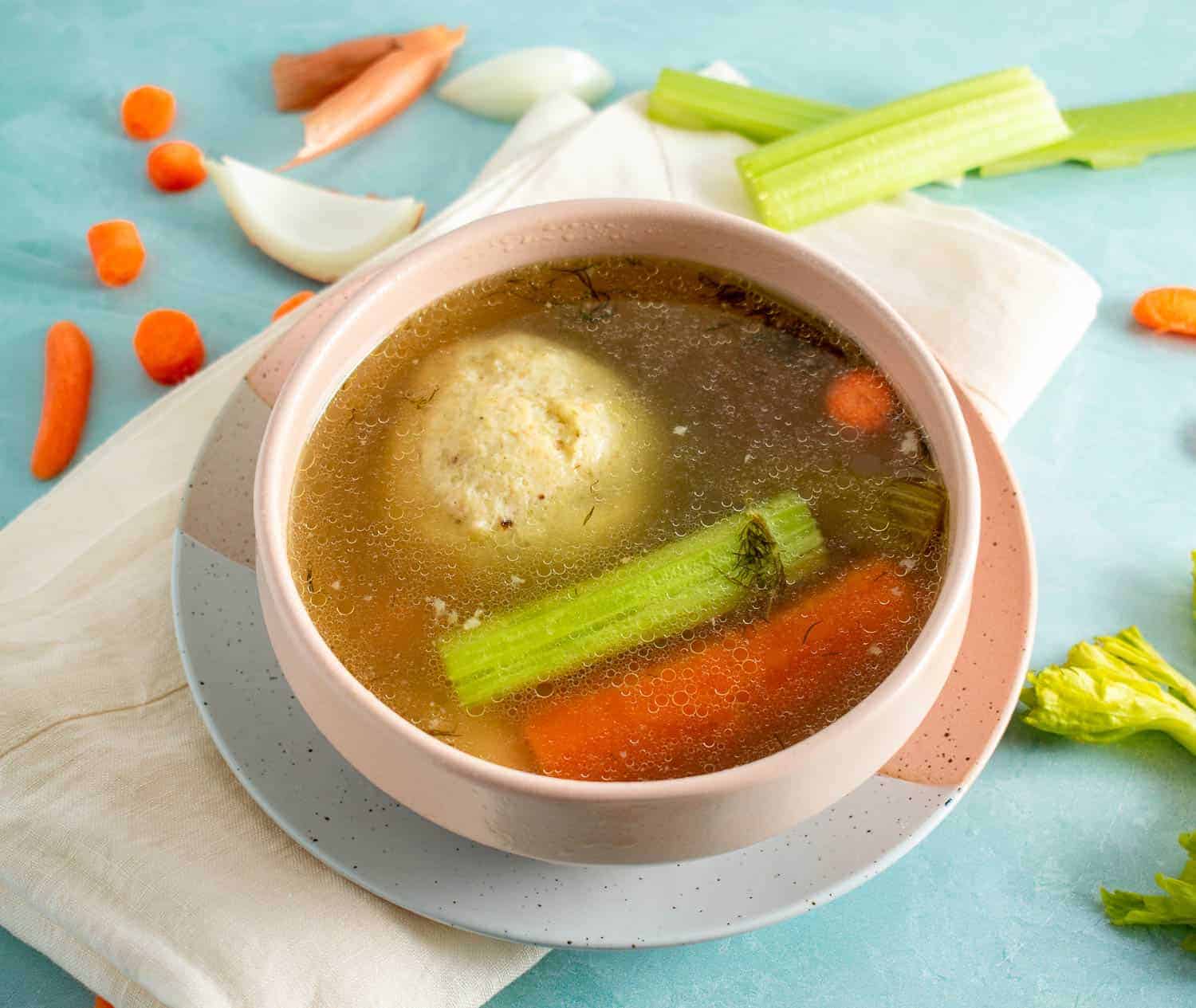 Homemade chicken soup with matzoh balls