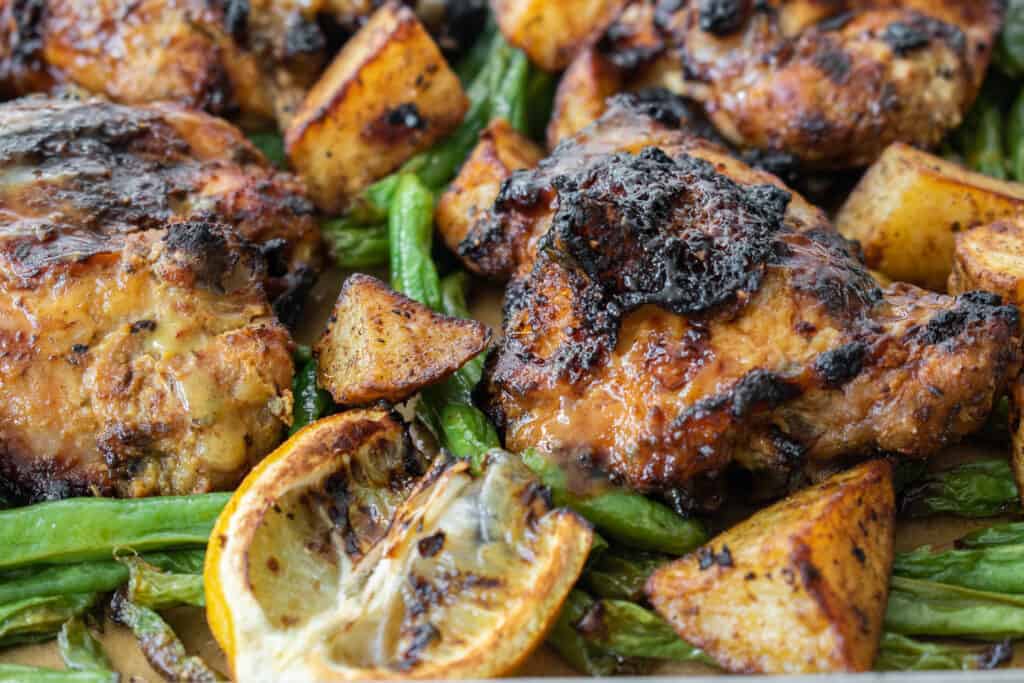 Air fryer honey mustard chicken with potatoes and green beans