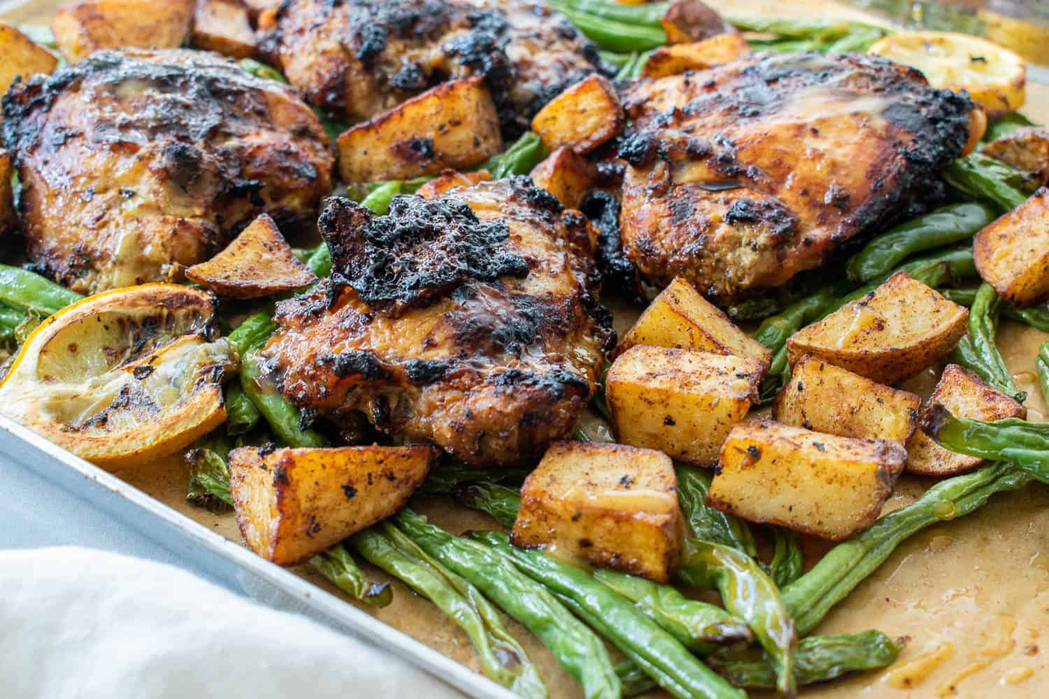 Air fryer honey mustard chicken with potatoes and green beans