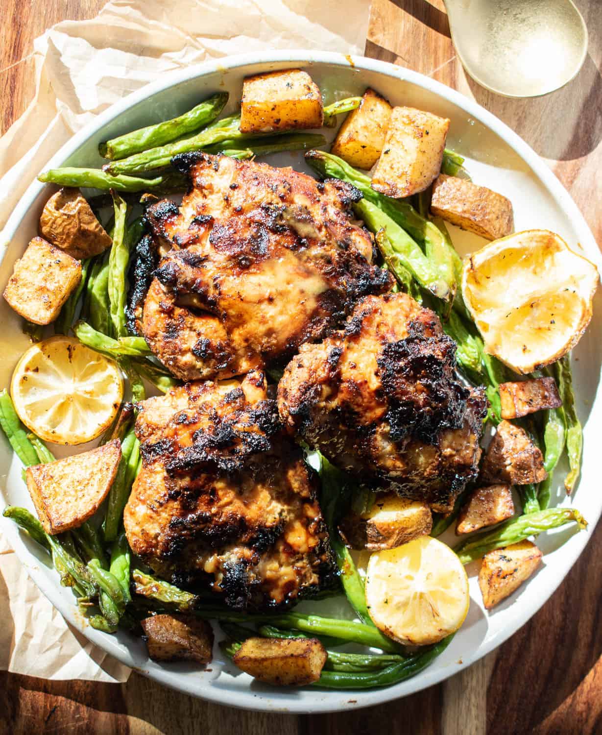 Gluten-free air fryer chicken with honey mustard sauce, potatoes and green beans