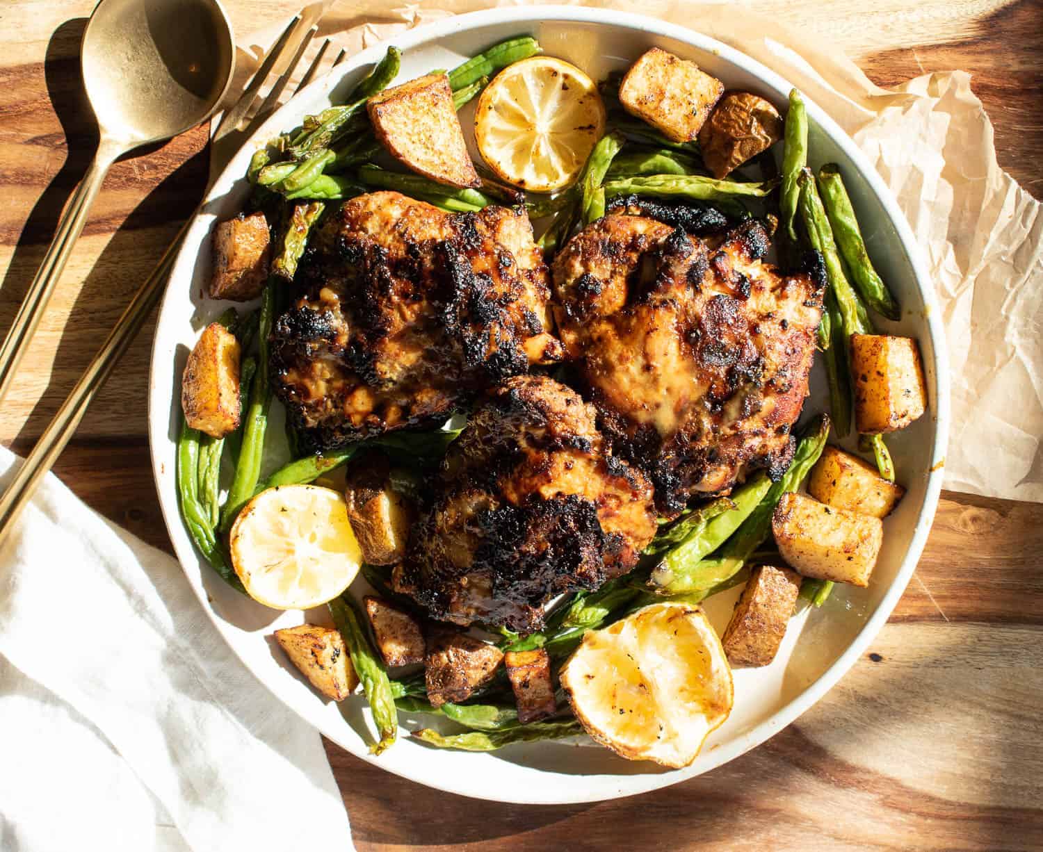 Air fryer honey mustard chicken with potatoes and green beans