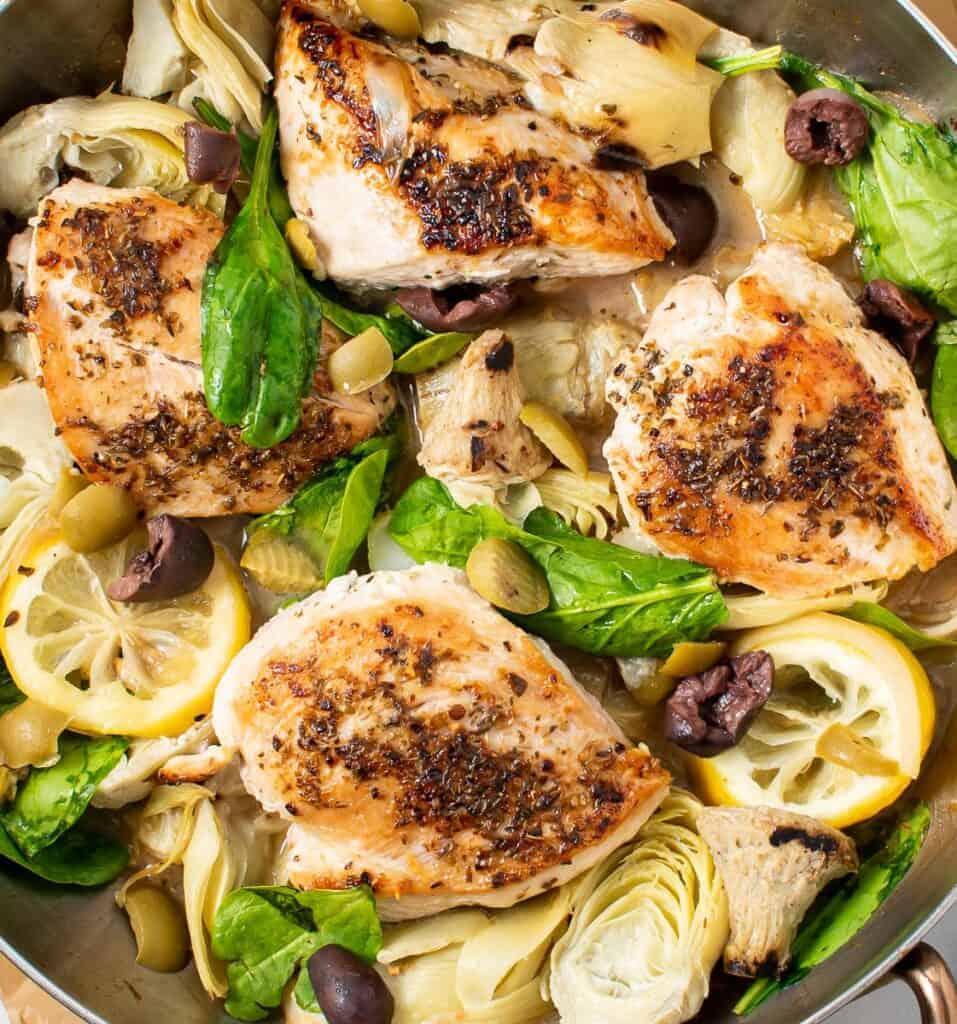 One pan lemon chicken with artichokes and olives