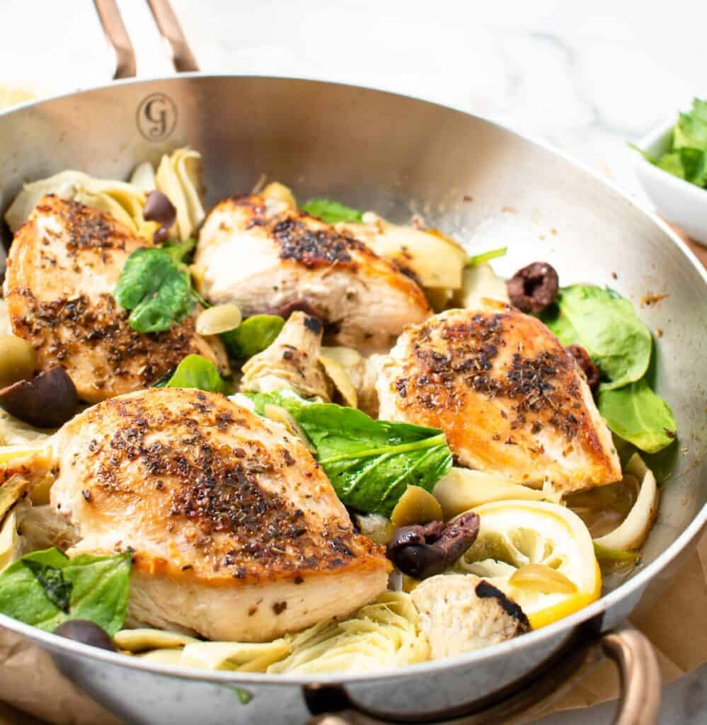 One pan lemon chicken with artichokes and olives