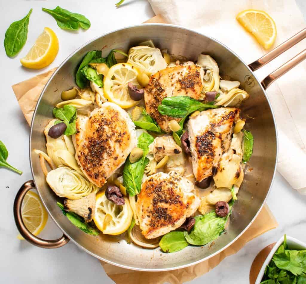 One pan lemon chicken with artichokes and olives