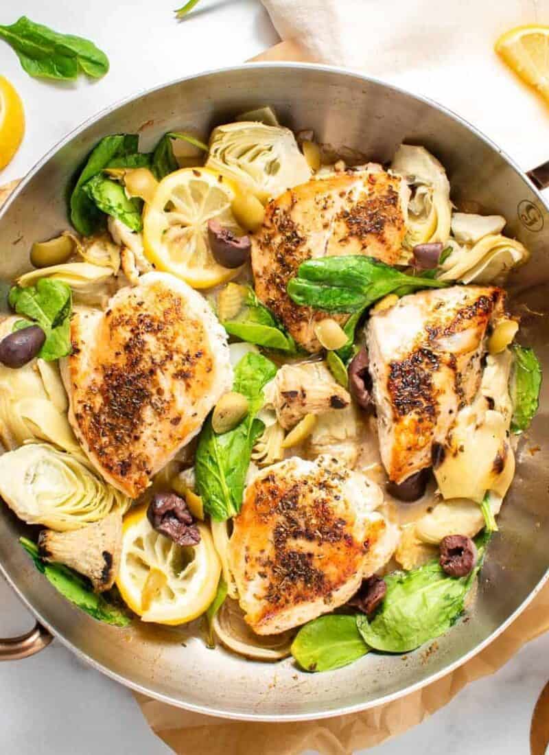 One pan lemon chicken with artichokes and olives