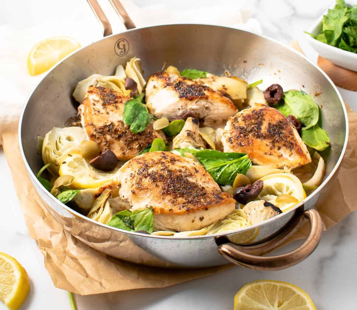 One pan lemon chicken with artichokes and olives