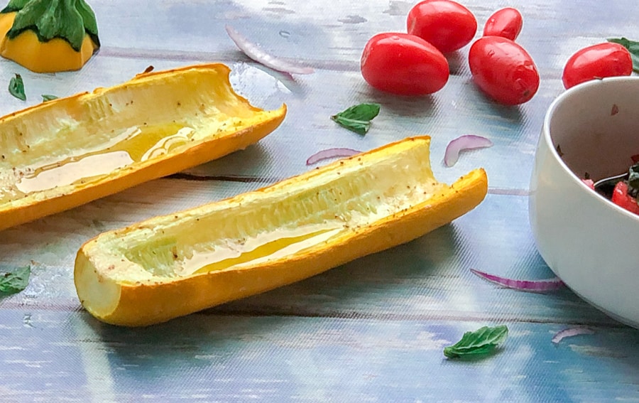 Yellow squash boats stuffed with tomato bruschetta 