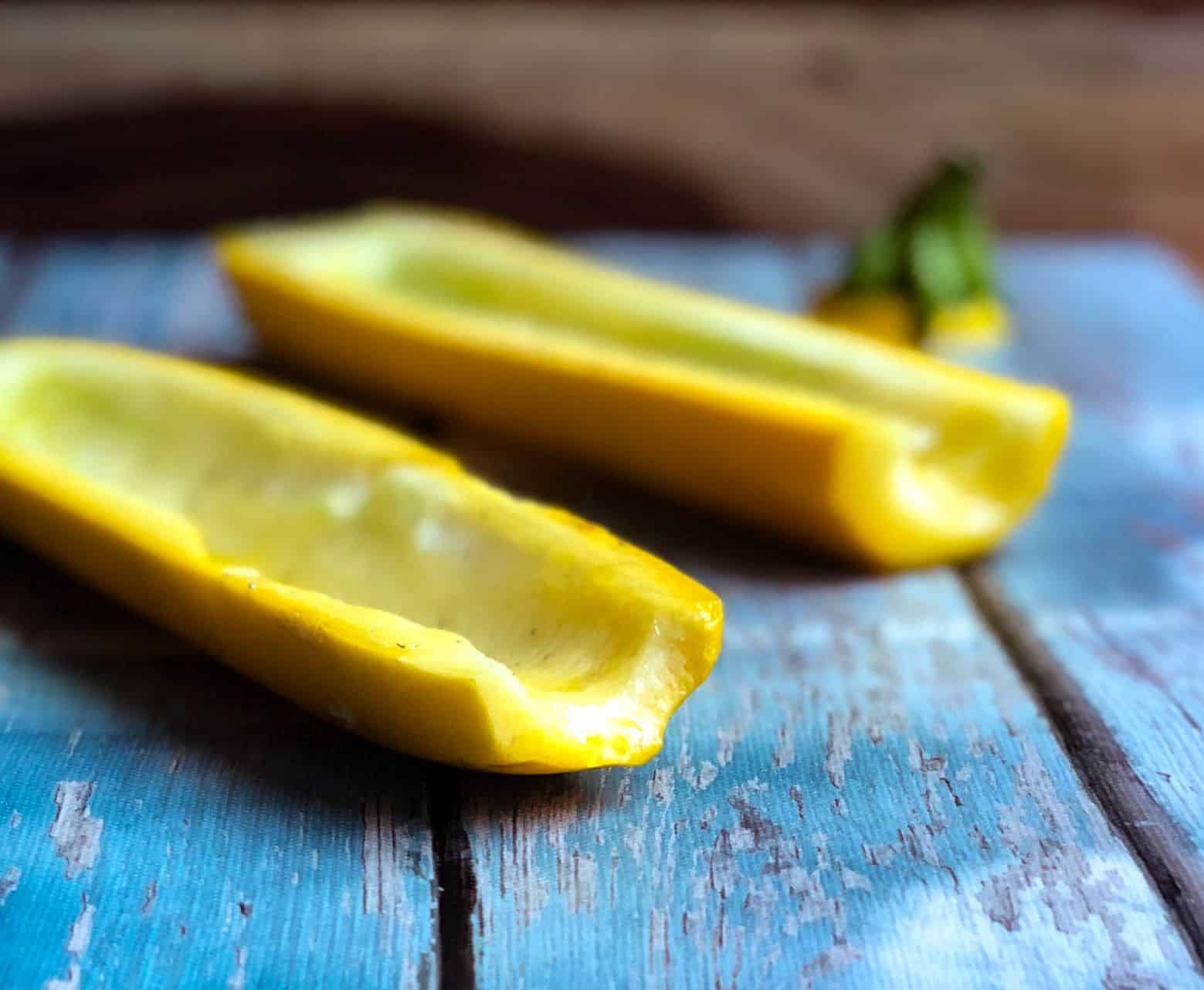 Yellow squash boats stuffed with tomato bruschetta 