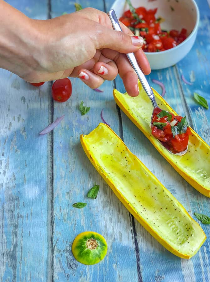 Tomato bruschetta boats in summer squash