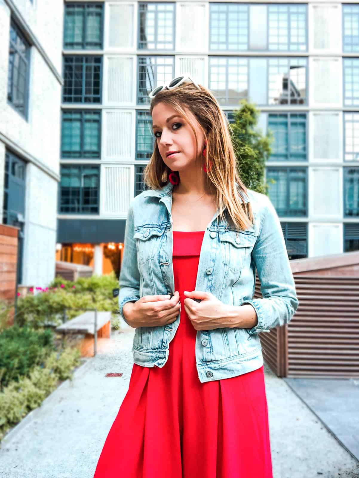 red jumpsuit outfit with jacket