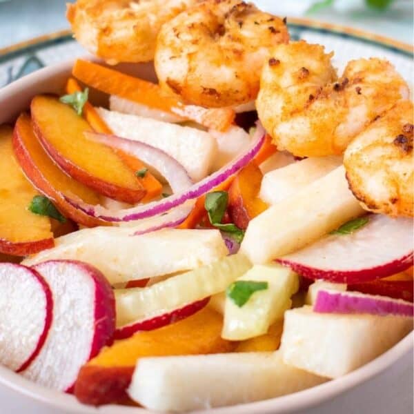 Jicama Salad with Peaches and Ginger-Lime Shrimp