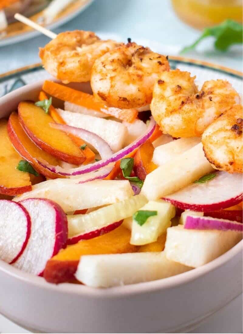 Jicama Salad with Peaches and Ginger-Lime Shrimp