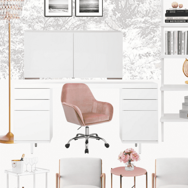 Feminine and glam home office mood board.