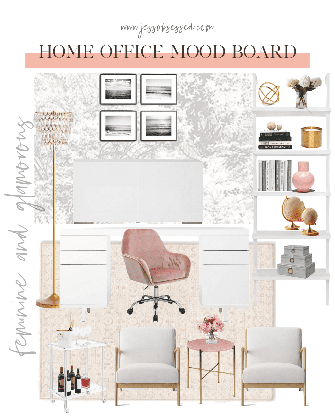 Feminine and glamorous home office mood board inspiration.