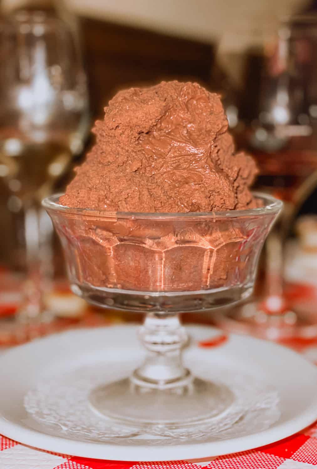 Chocolate mousse on a table at a restaurant in Paris